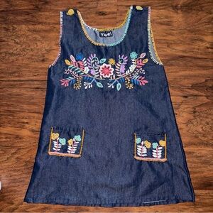 Girls' Dark Blue Denim Embroidered Sleeveless Dress